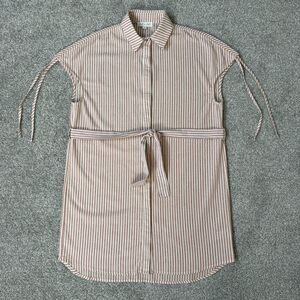 She + Sky Shirt Dress Womens Large Pink White Striped Belted Collared Business